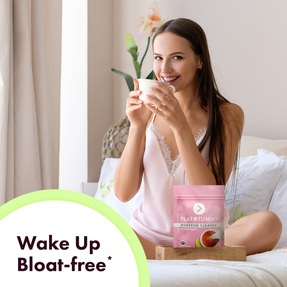 Flat Tummy Weekend Cleanse Tea bottle pour for easy at-home use.