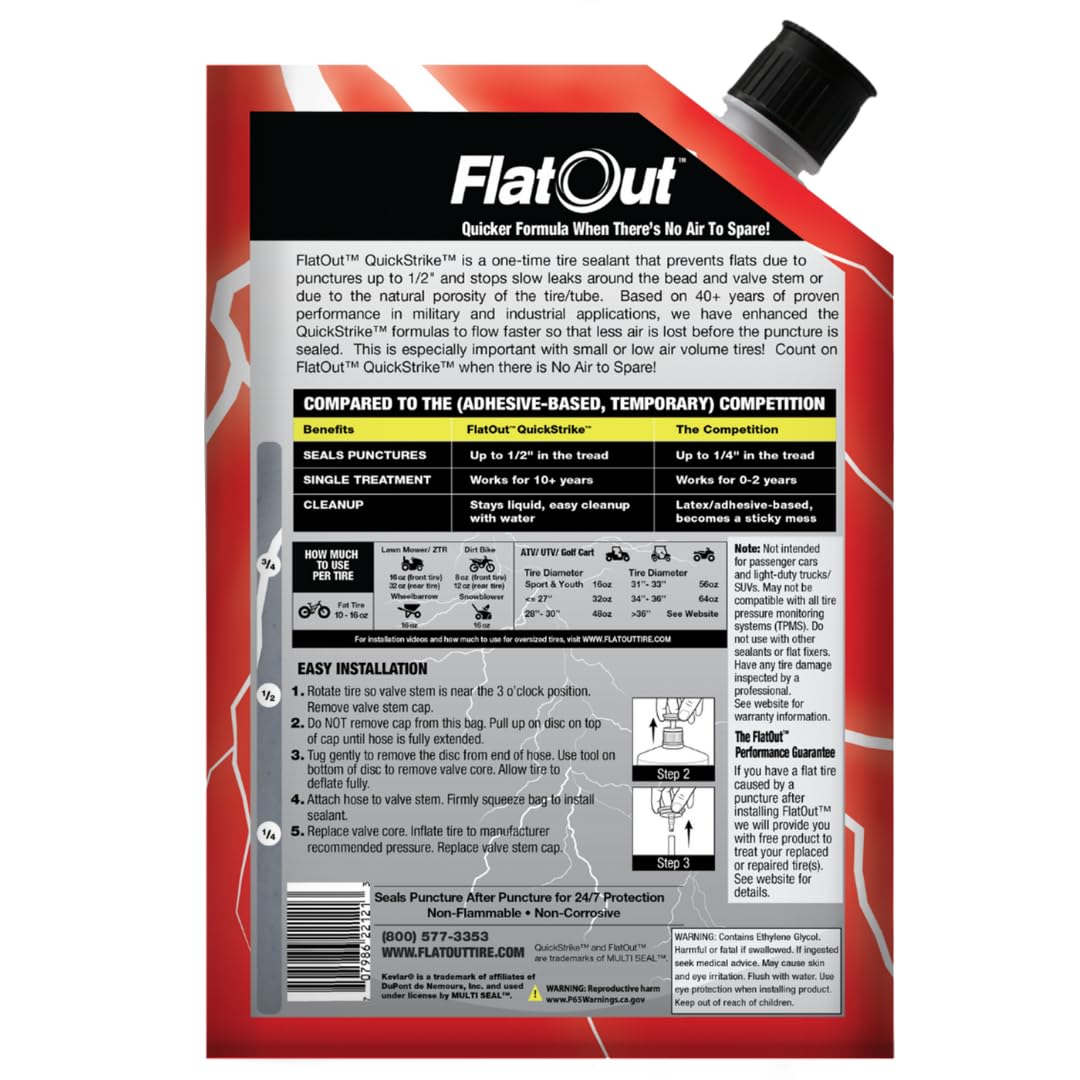 FlatOut QuickStrike flow demonstrates fast sealing on a punctured tire.