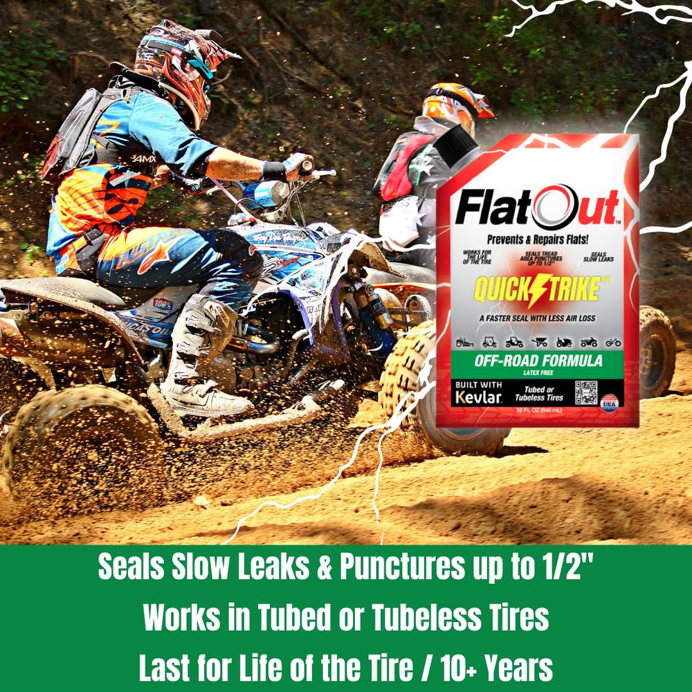 FlatOut QuickStrike works with tubed and tubeless tires for versatility.