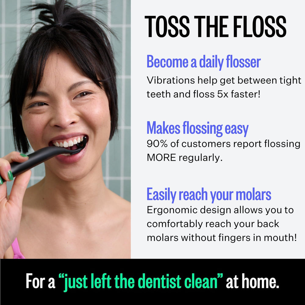 Flaus flosser in use demonstrates ergonomic handle for reach.