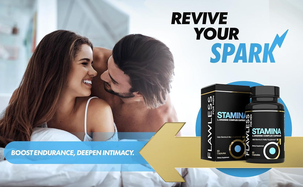 FLAWLESS FOR MEN Stamina capsules closeup highlights easy-to-swallow pills for daily support.