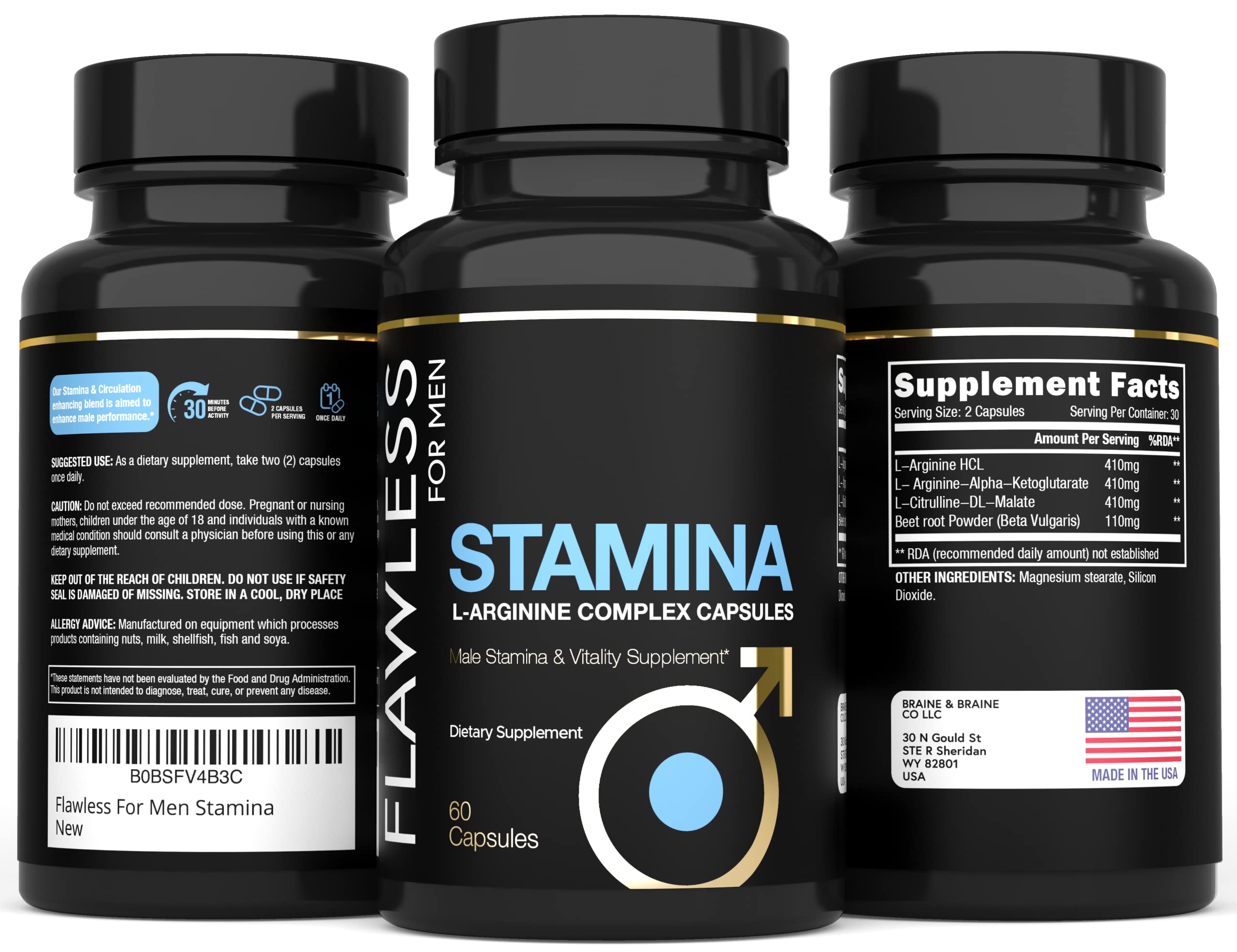 FLAWLESS FOR MEN Stamina ingredients list features L-Arginine and Citrulline synergy.
