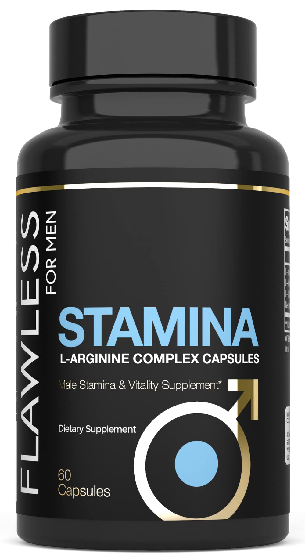 FLAWLESS FOR MEN Stamina USA manufacturing seal communicates quality and GMP standards.