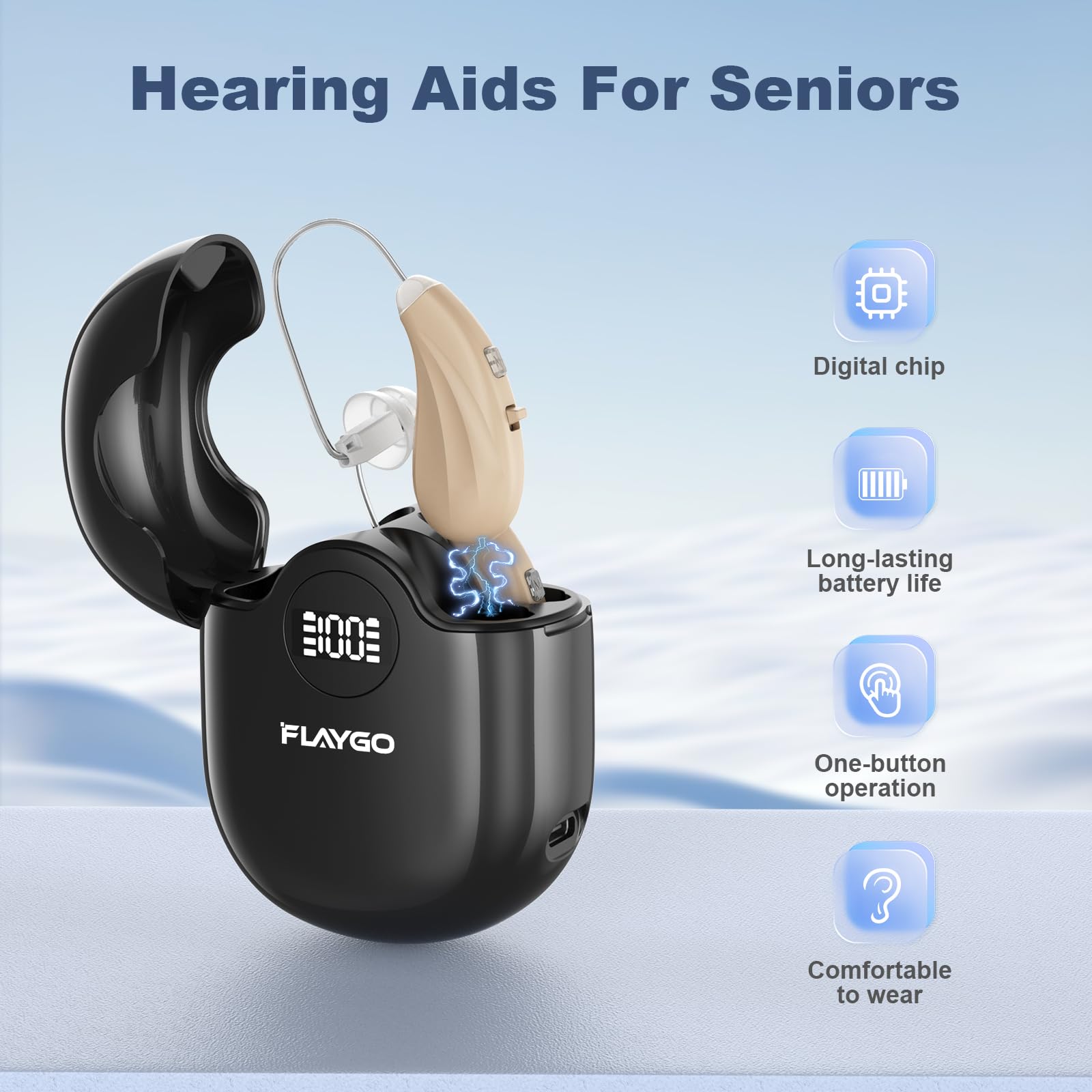 Flaygo hearing aids with USB-C fast charging for quick power on the go