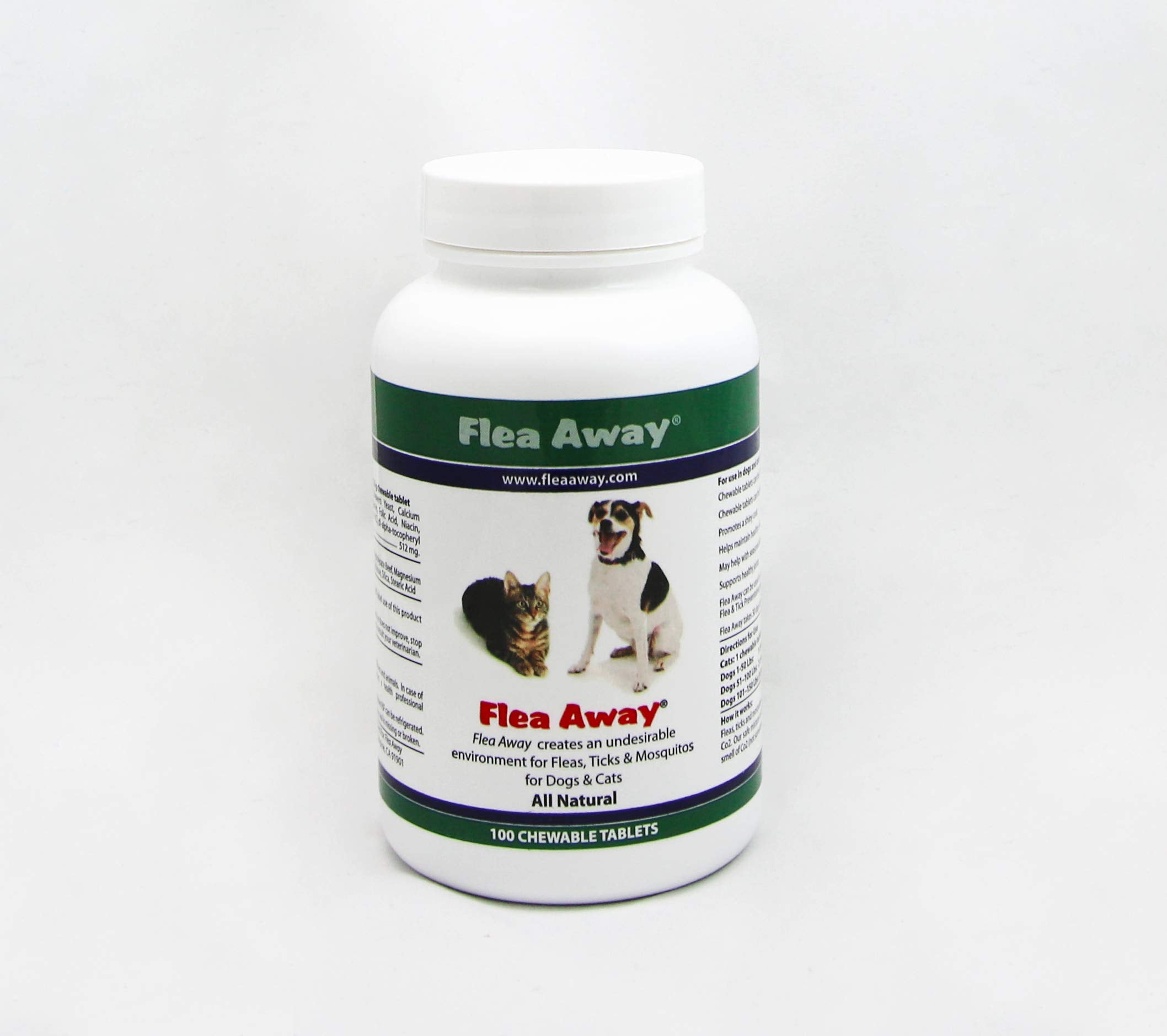 Flea Away bottle label with liver-flavor tablets for dogs and cats, supporting natural pest deterrence.