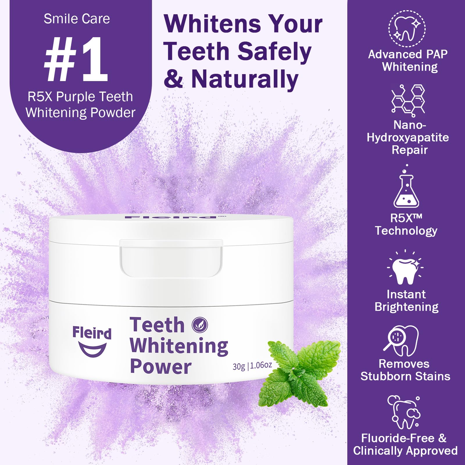 Fleird Purple Toothpaste Application shows color-correcting boost for yellow tones.