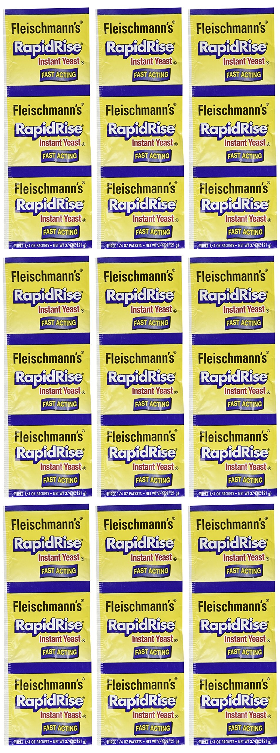 Fleischmann's RapidRise yeast packaging shows the 9-pack format for quick pizza crusts.