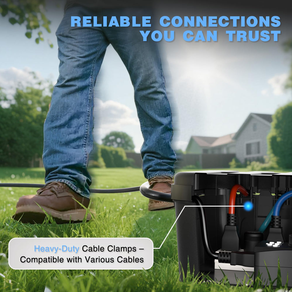 Flemoon durable plastic enclosure keeping outlets organized outdoors.