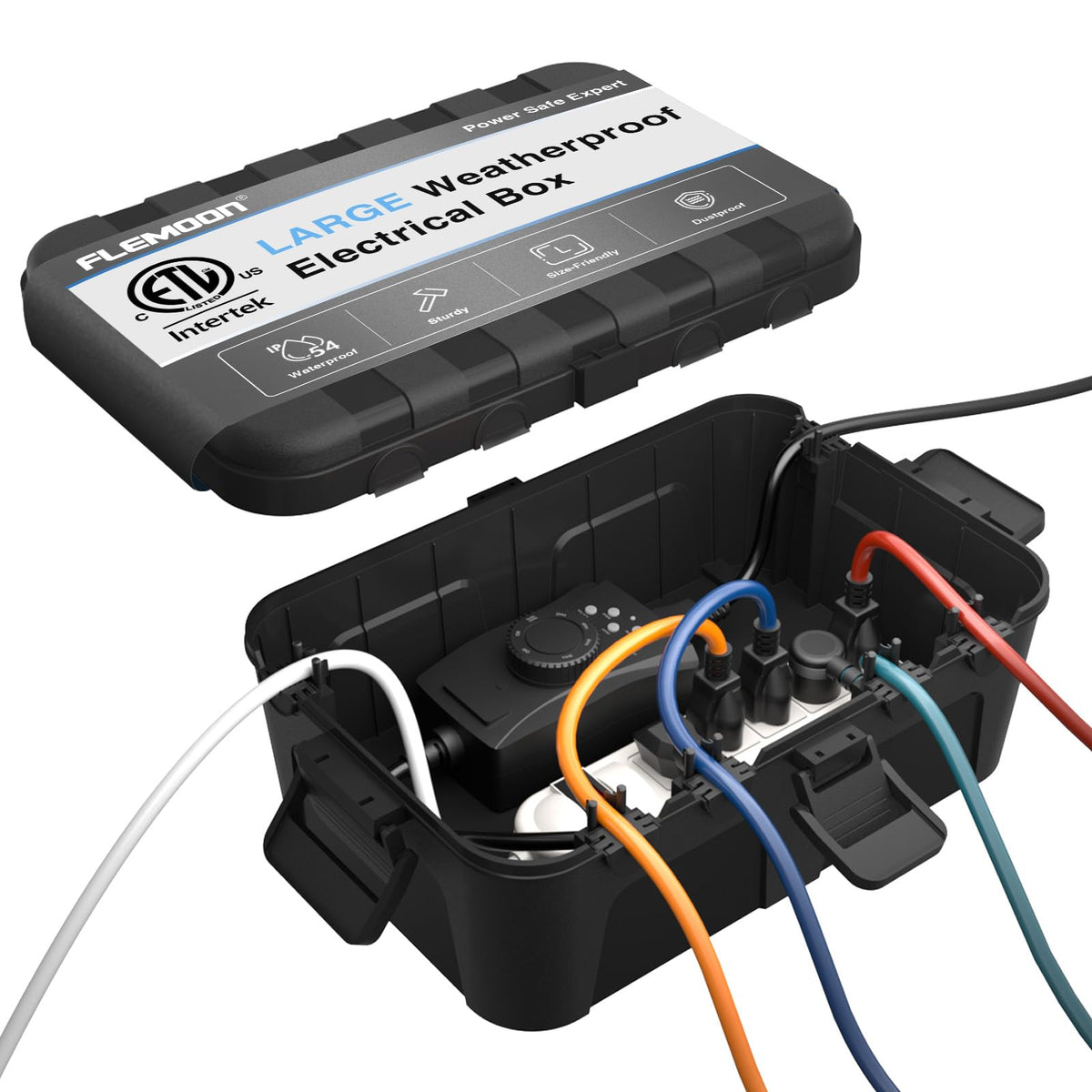 Flemoon outdoor electrical box IP54 cover protecting cords outdoors.