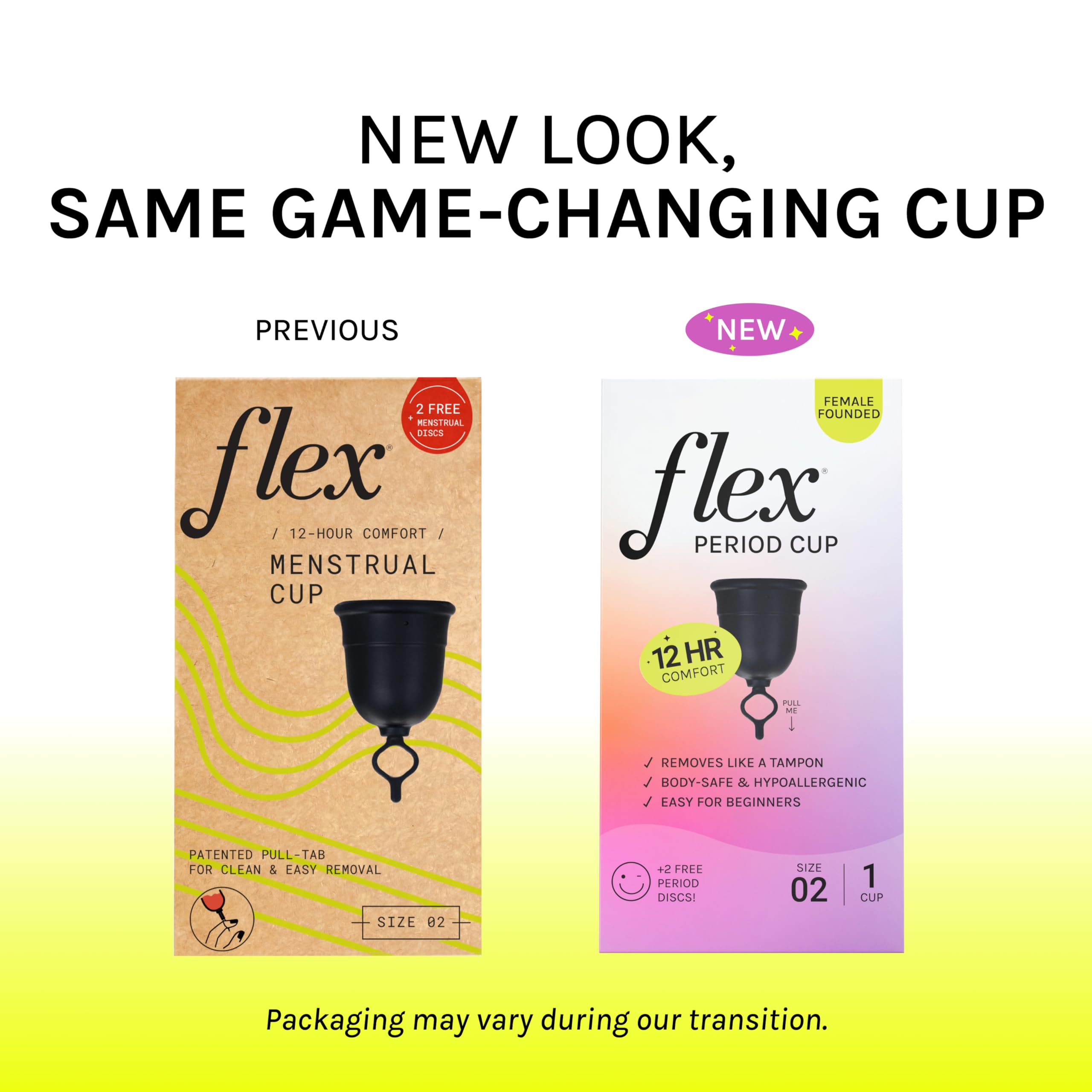 Flex Cup Size 02 side view highlights easy removal with pull-tab feature.
