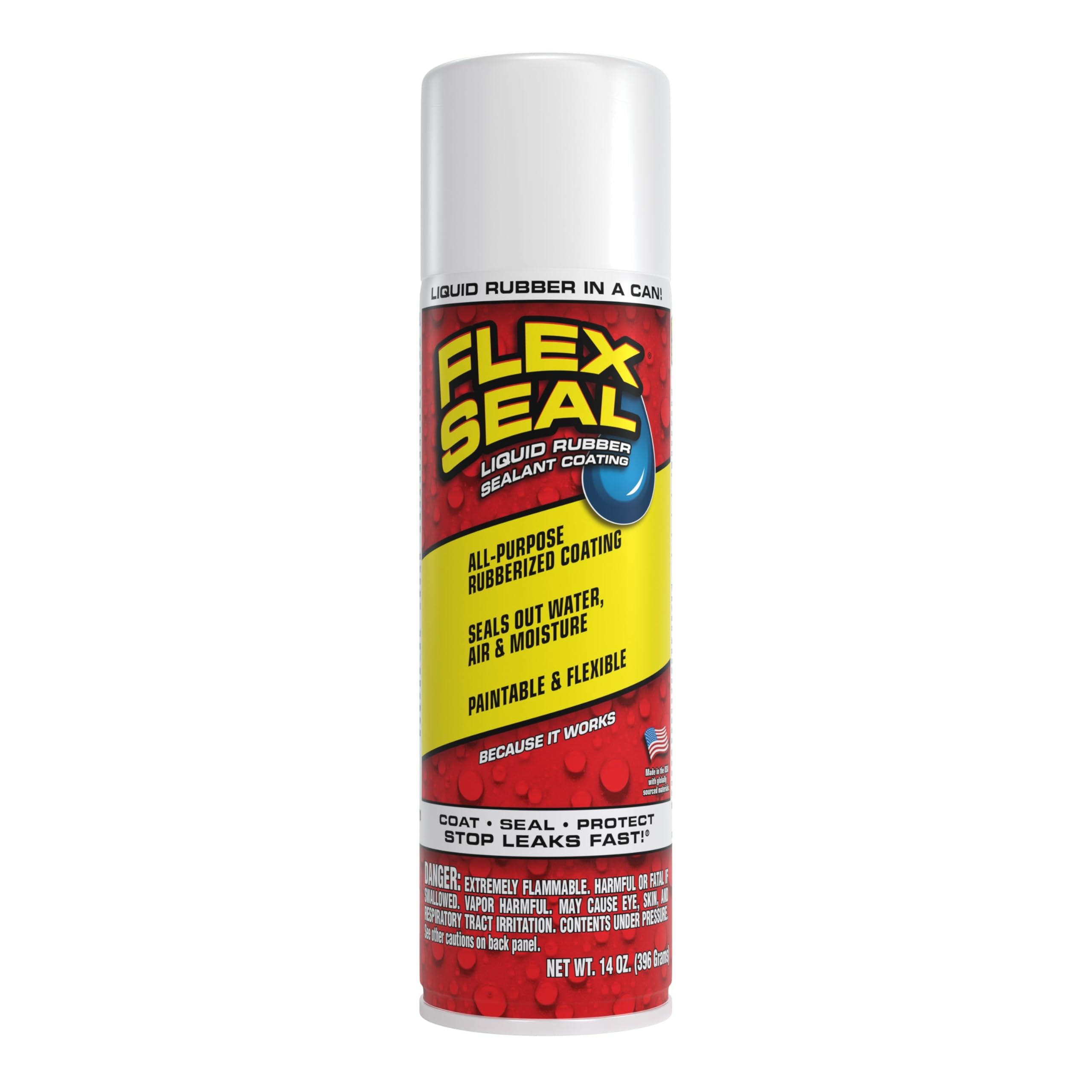 Flex Seal 14 oz white spray-on sealant being applied to a surface.