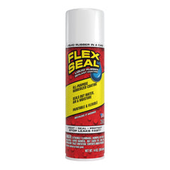Flex Seal 14 oz white spray-on sealant being applied to a surface.