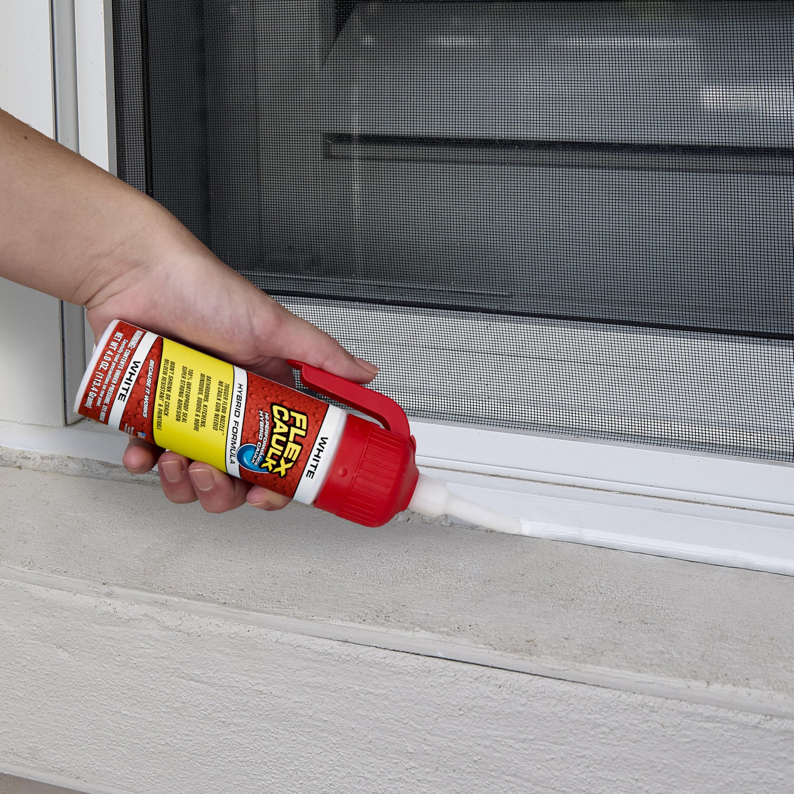 Flex Seal Caulk adheres to wet or dry surfaces for versatility