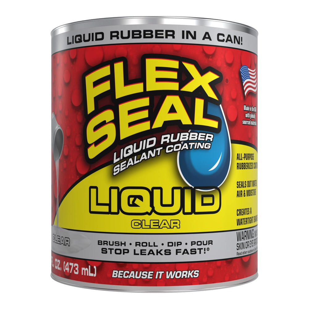 Flex Seal Liquid clear bottle closeup showing waterproof, flexible seal.