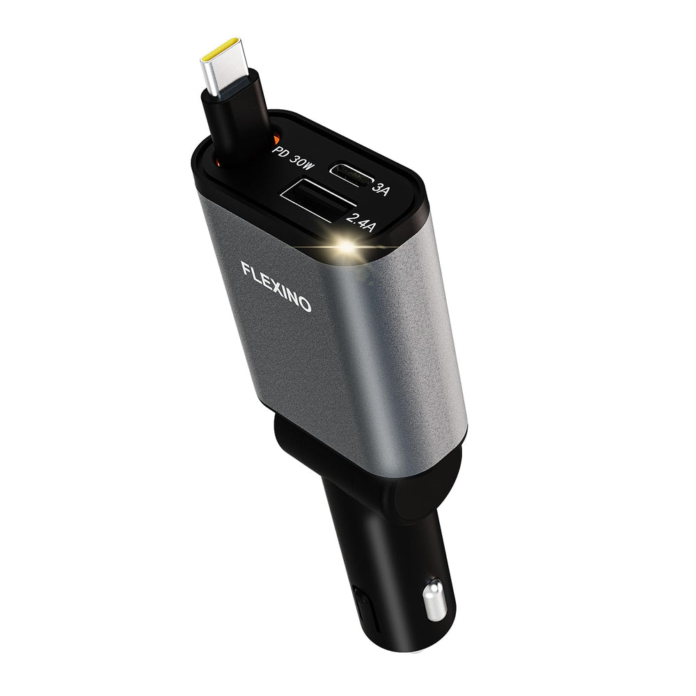 Flexino Ultra-Slim retractable charger with 2.6ft cord keeps car interior organized.