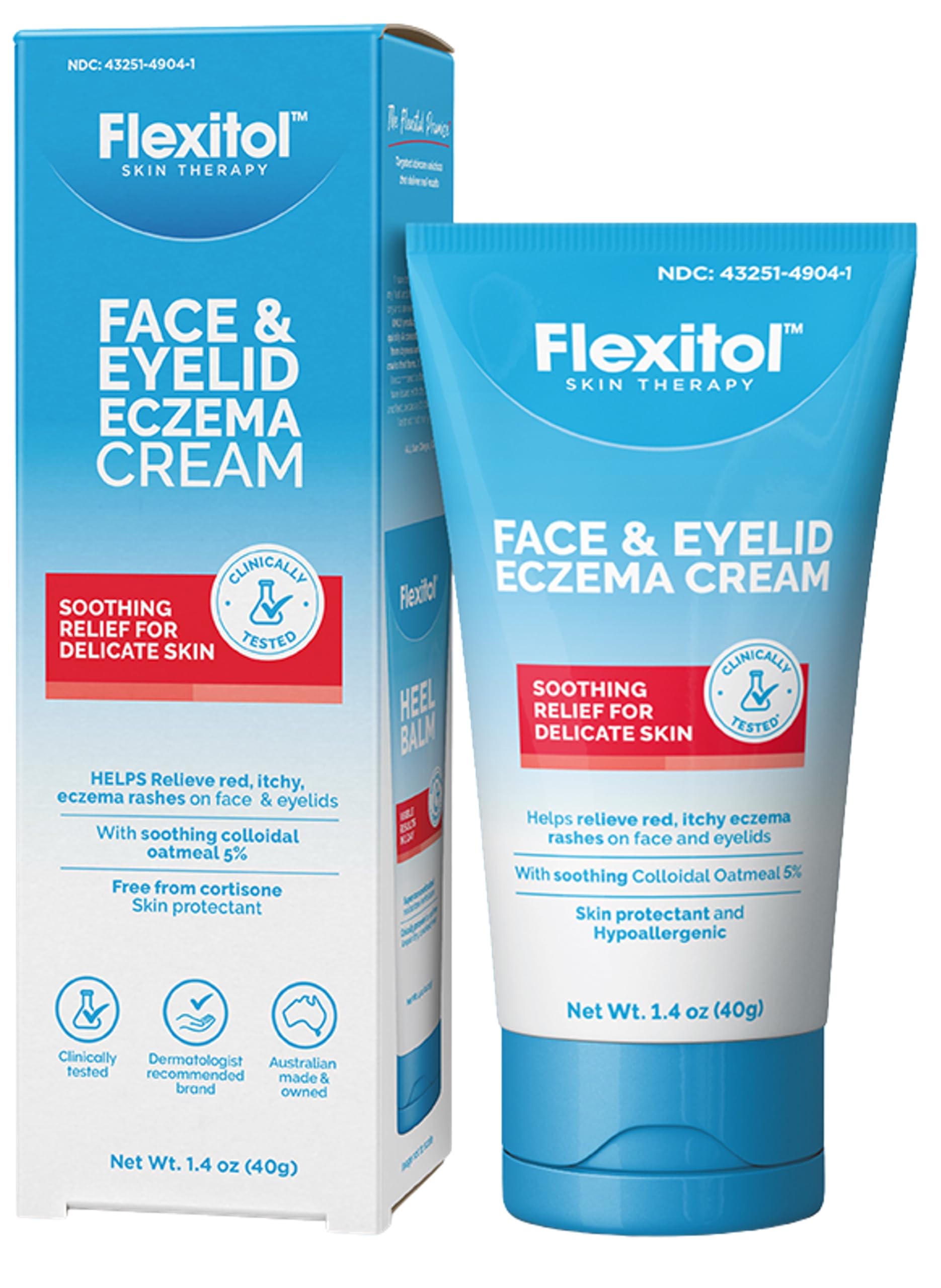 Flexitol face and eyelid eczema cream bottle showing fragrance-free eye-area relief.