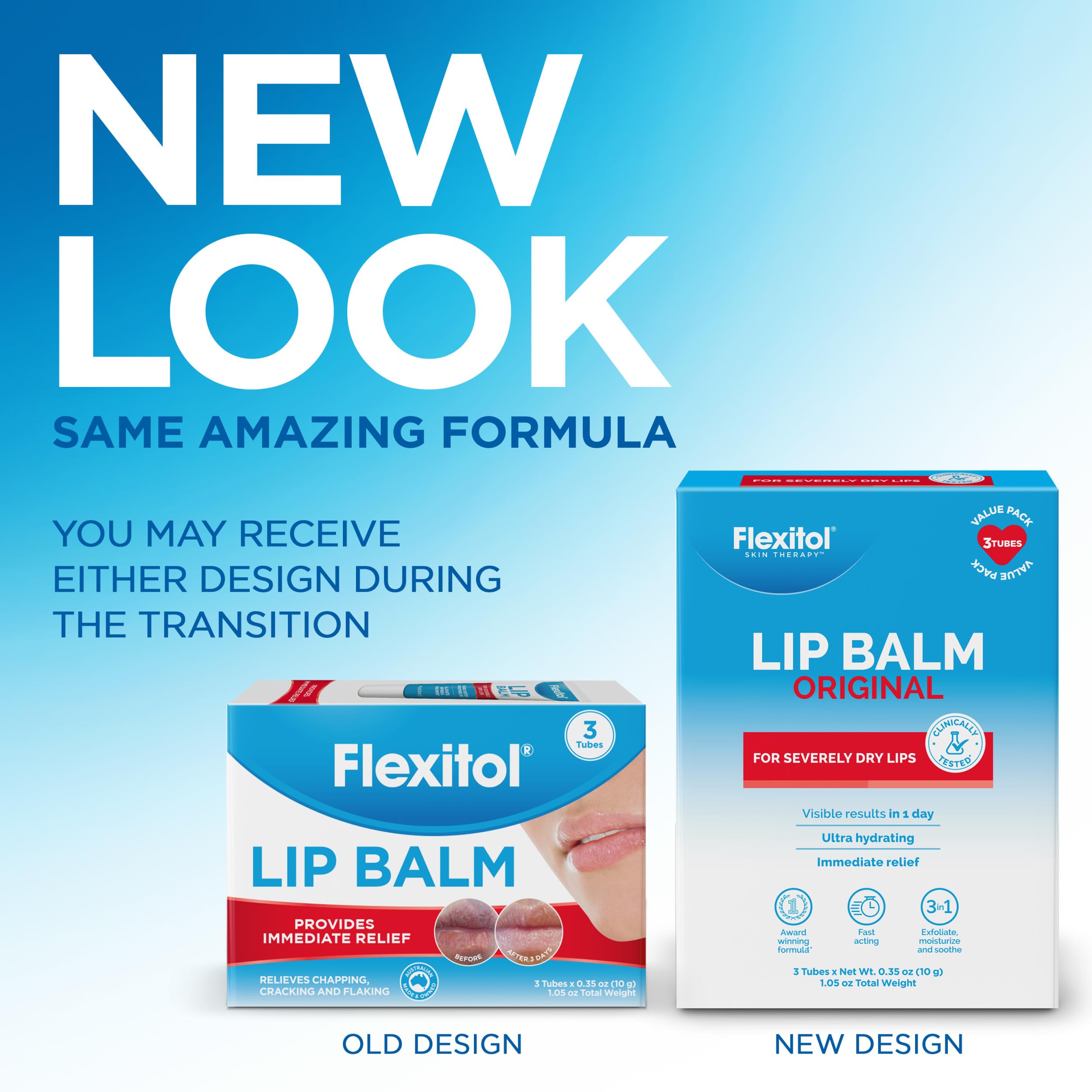 Flexitol Original Lip Balm packaging for three-pack is convenient for travel.
