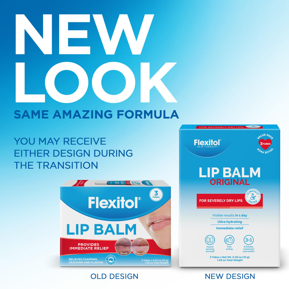 Flexitol Original Lip Balm packaging for three-pack is convenient for travel.