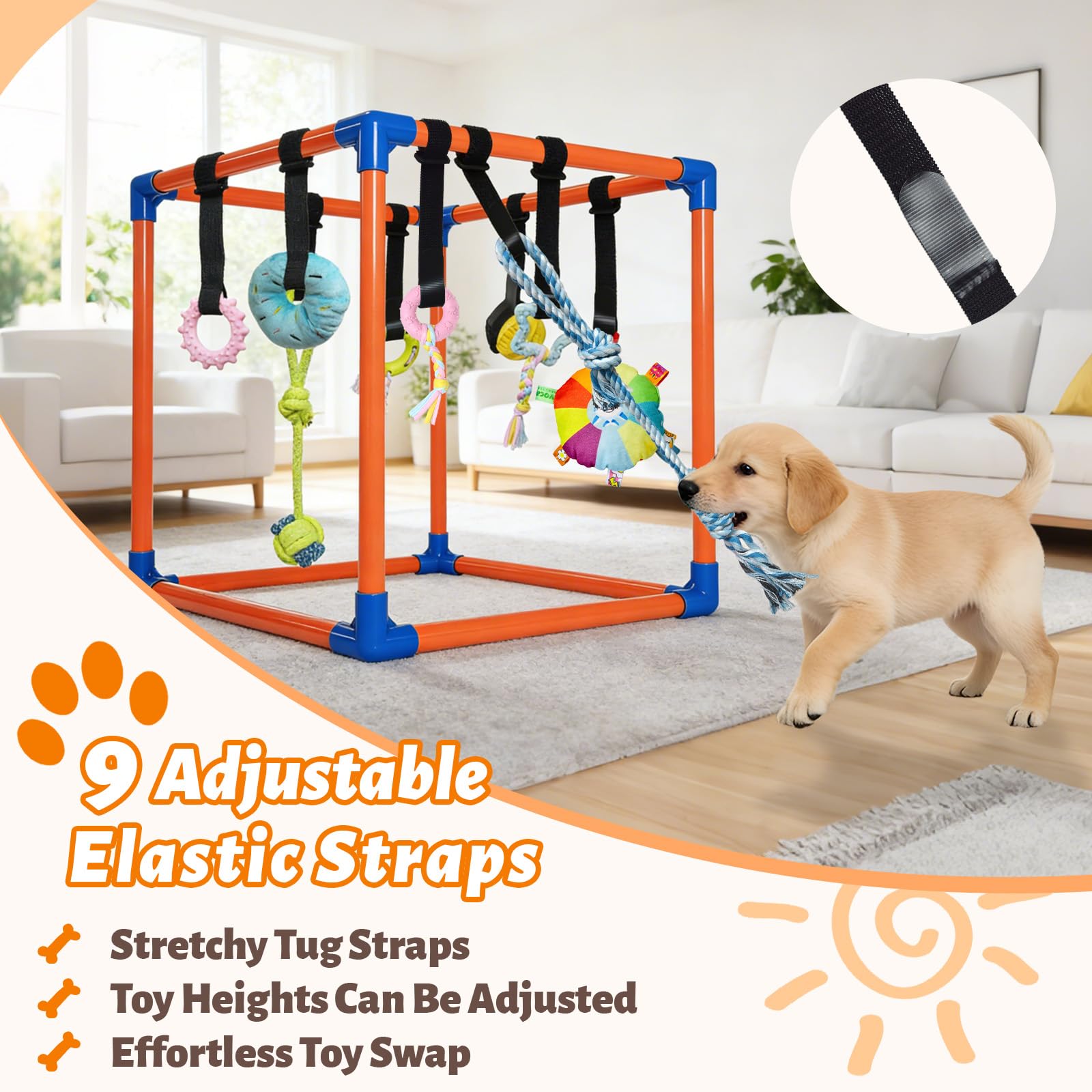 Flickzy Puppy Play Gym toy-height adjustment lets growing puppies explore at new heights.