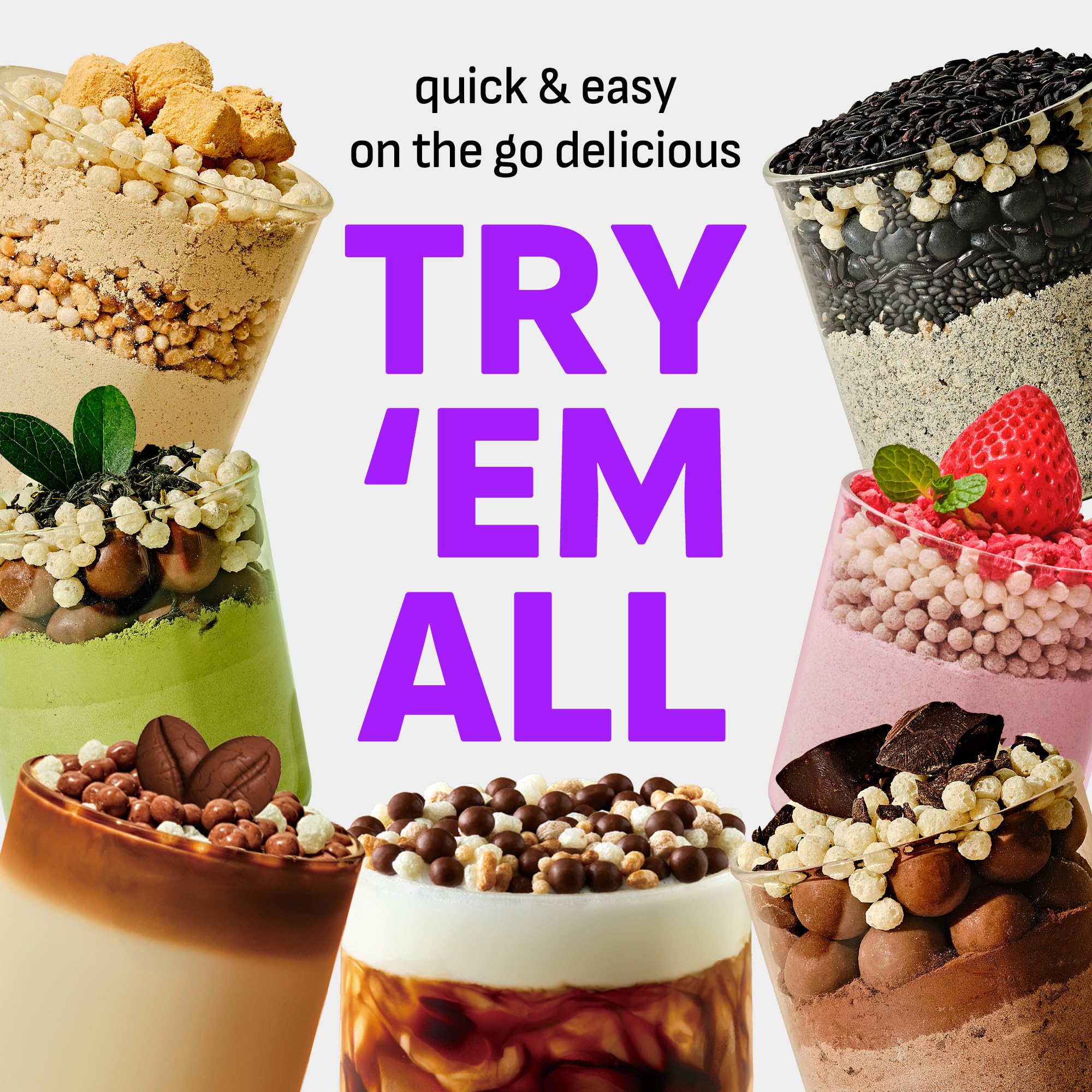 Flimeal chocolate shake with crunchy protein balls for a dessert-like texture