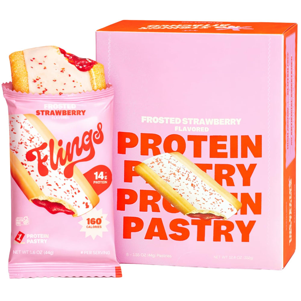 FLINGS Frosted Strawberry pastries in a box for on-the-go snacking.