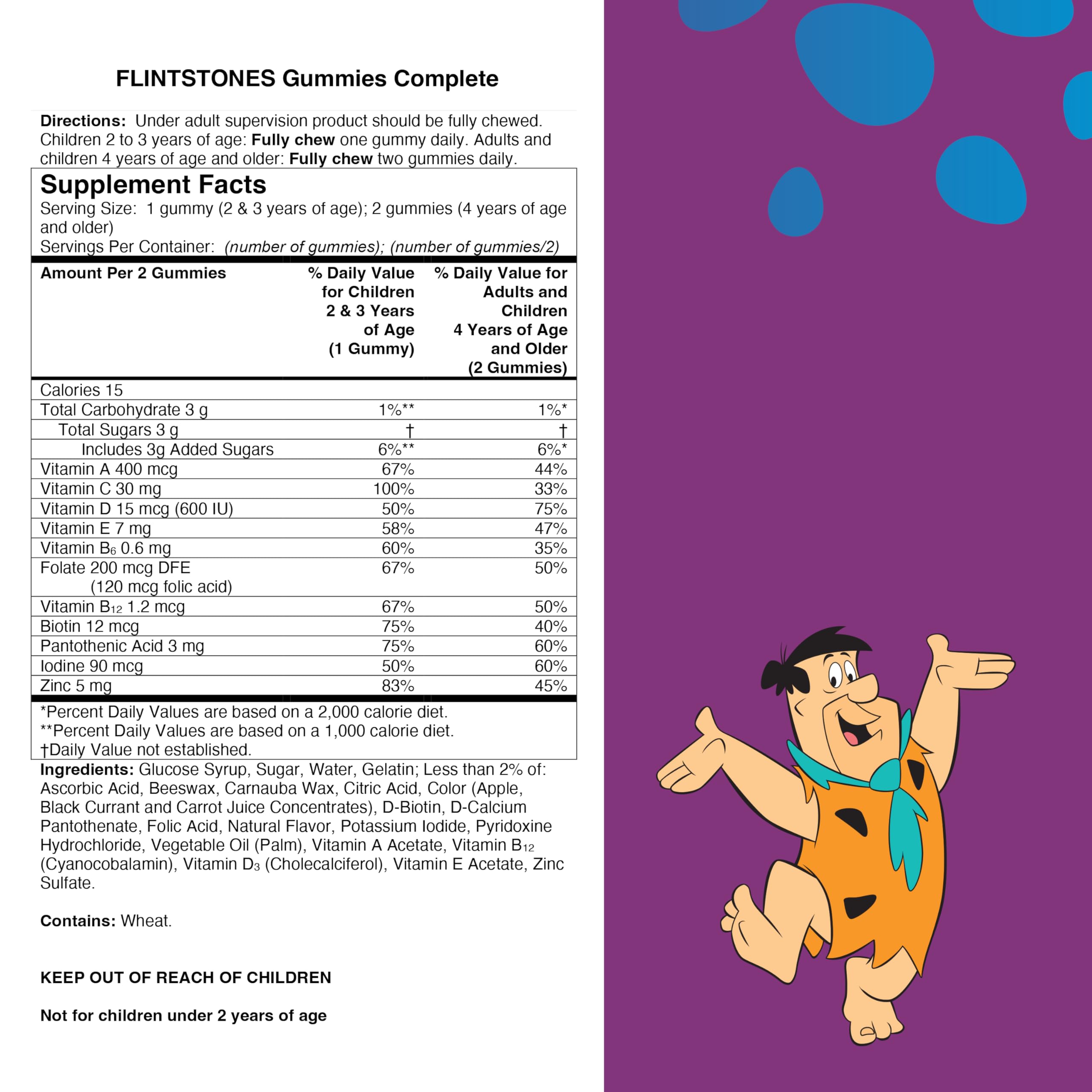 Flintstones Complete Gummies character artwork emphasizes kid-friendly branding.
