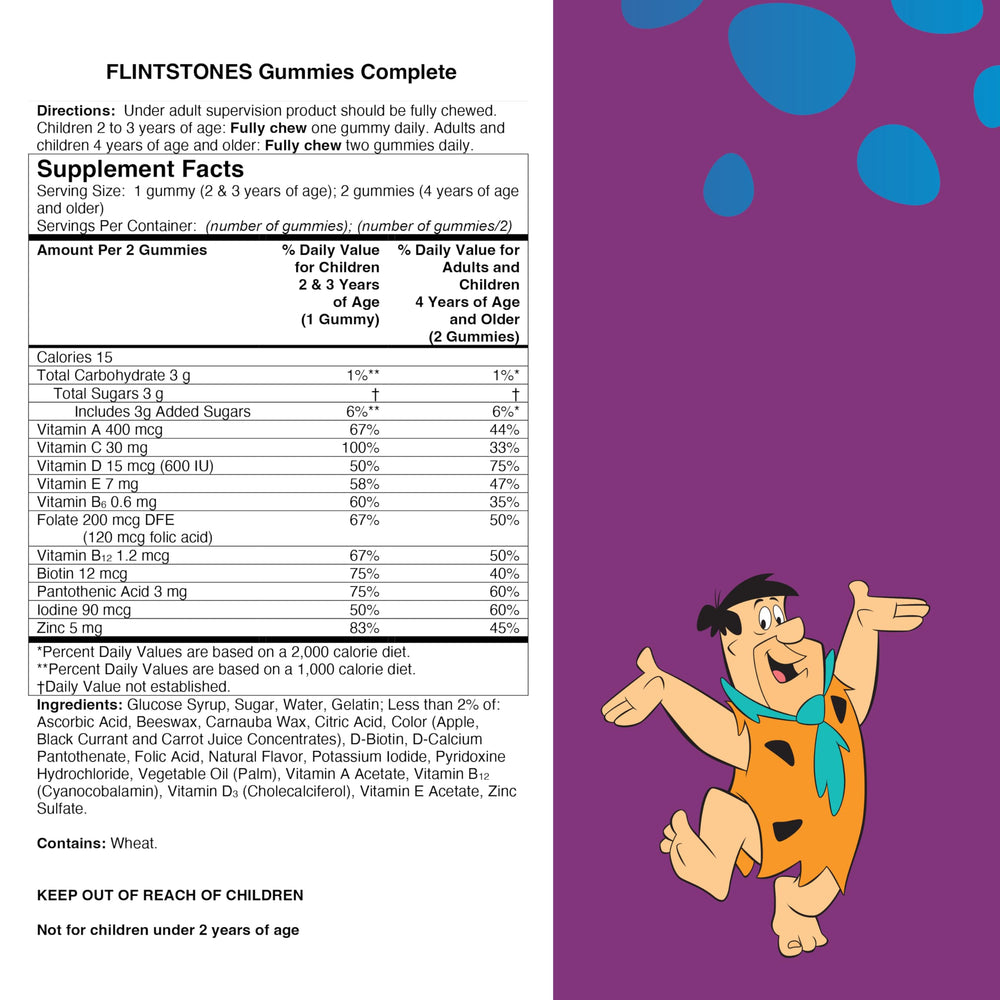 Flintstones Complete Gummies character artwork emphasizes kid-friendly branding.