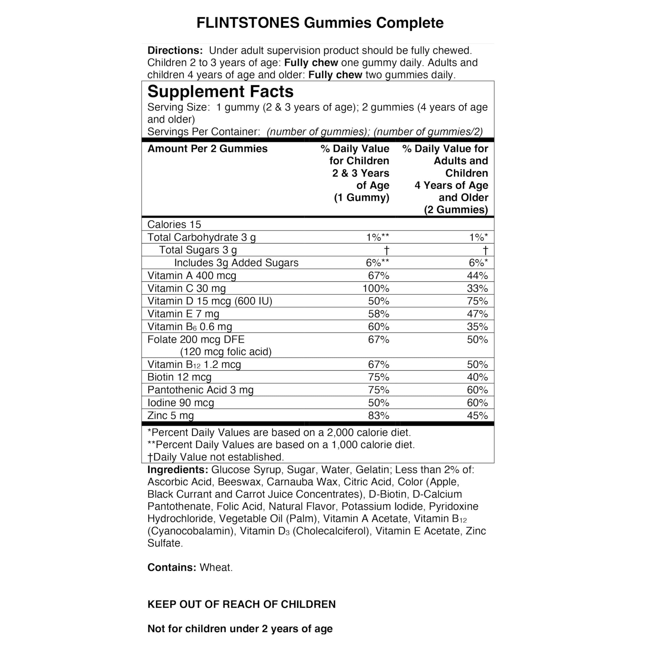 Flintstones Complete Gummies dosing guidance for different ages.