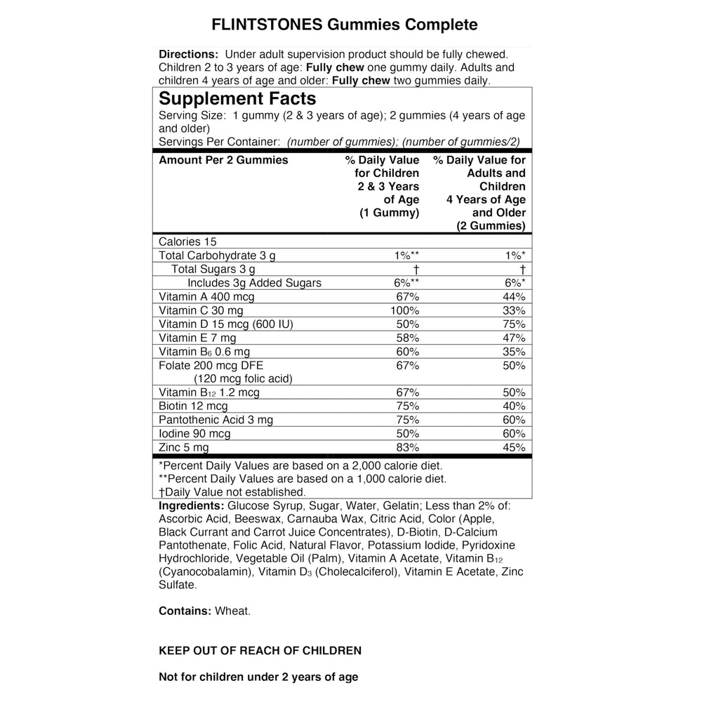 Flintstones Complete Gummies dosing guidance for different ages.