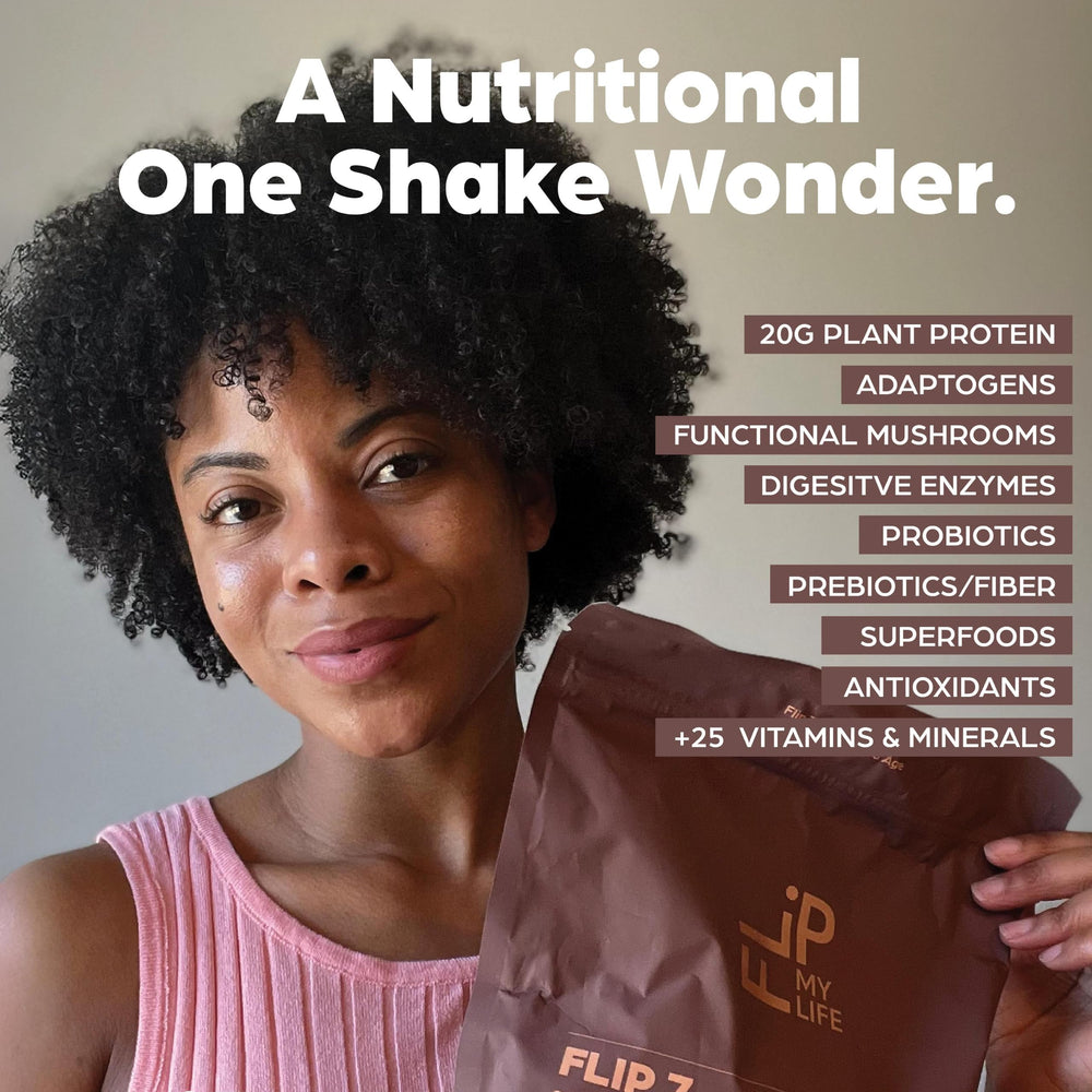 Flip My Life Flip 7 Chocolate ingredients label showcases clean, non-GMO formula.