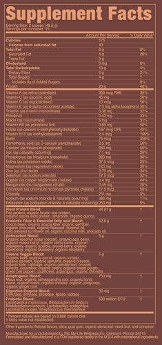 Flip My Life Flip 7 Chocolate tub closeup highlights 85 nutrients and 20 g protein per serving.