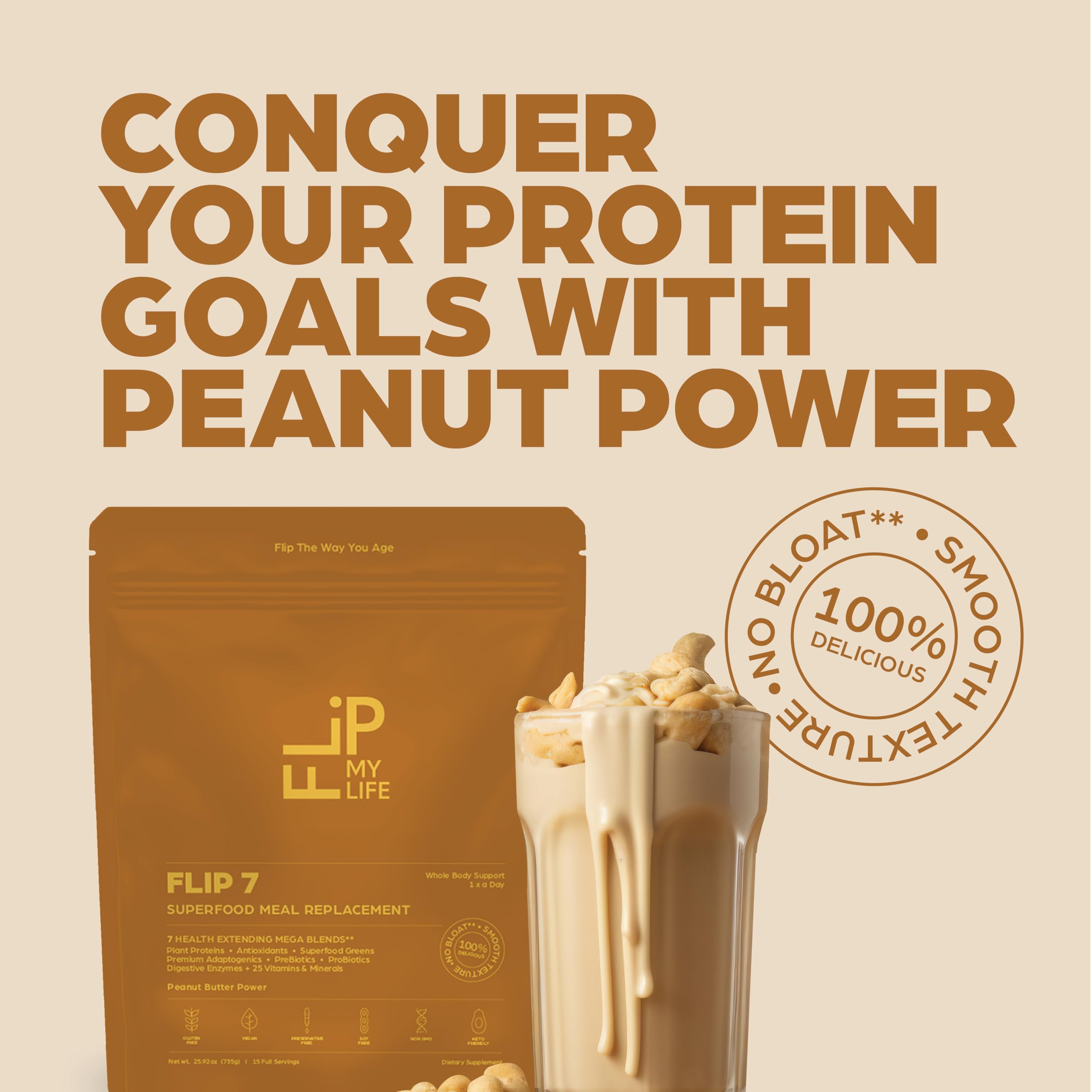 Flip My Life Flip7 Peanut Butter Power adaptogens for balanced energy.