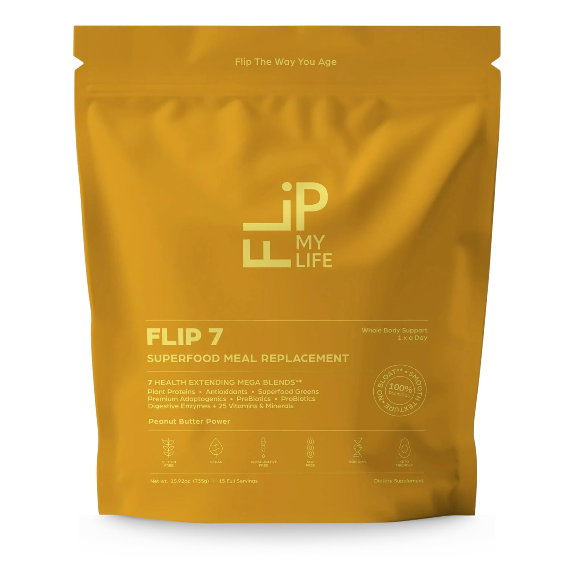 Flip My Life Flip7 Peanut Butter Power bottle pour for on-the-go fueling.