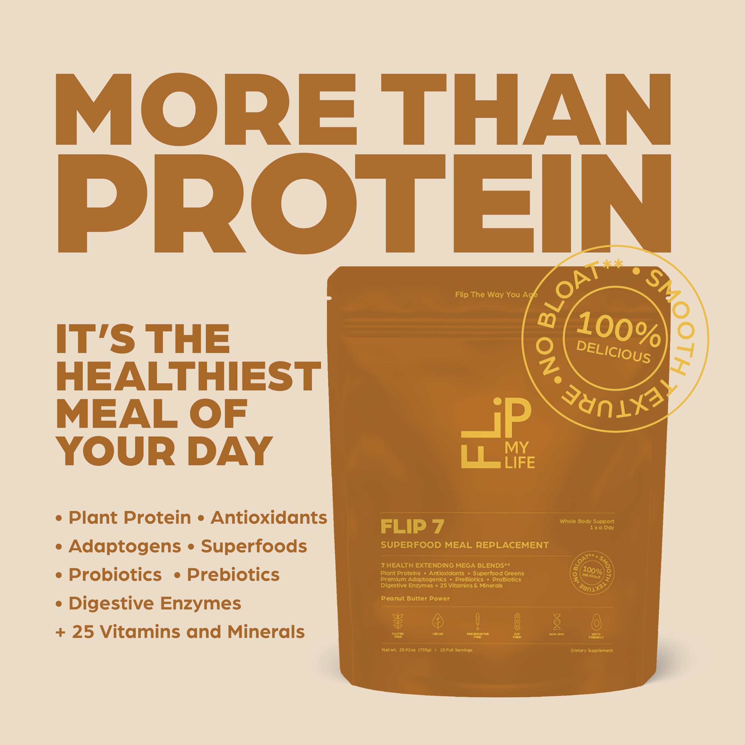 Flip My Life Flip7 Peanut Butter Power digestive enzymes for smoother digestion.