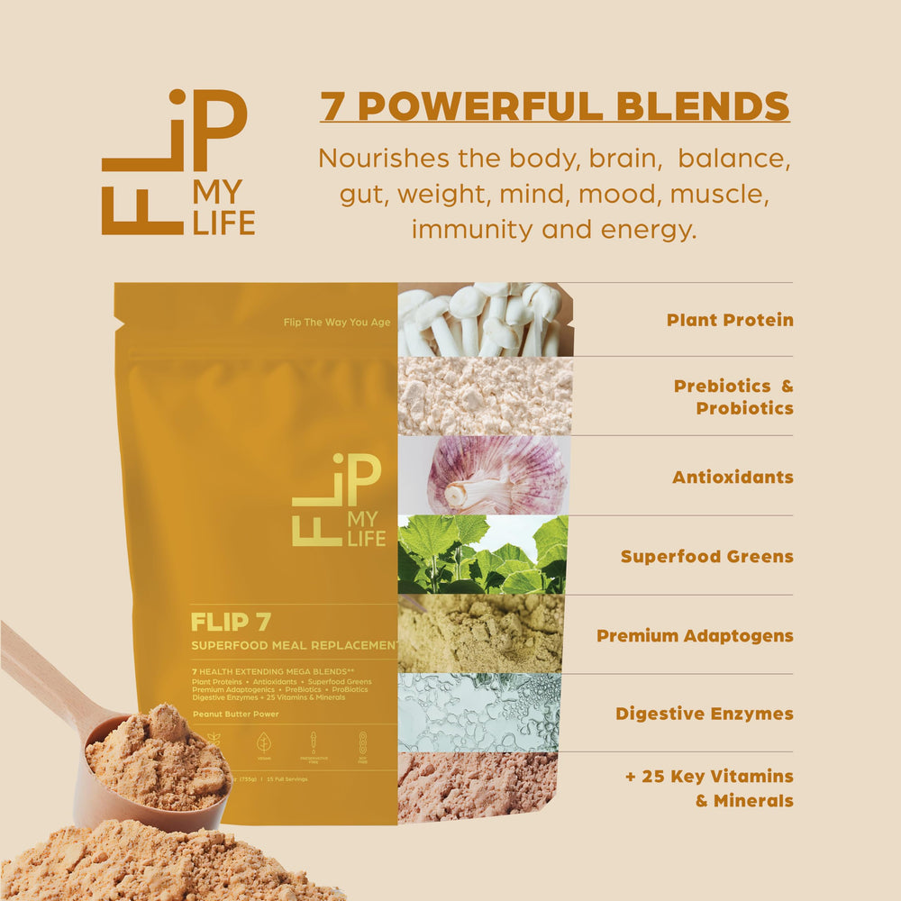 Flip My Life Flip7 Peanut Butter Power label and tub highlighting product details.