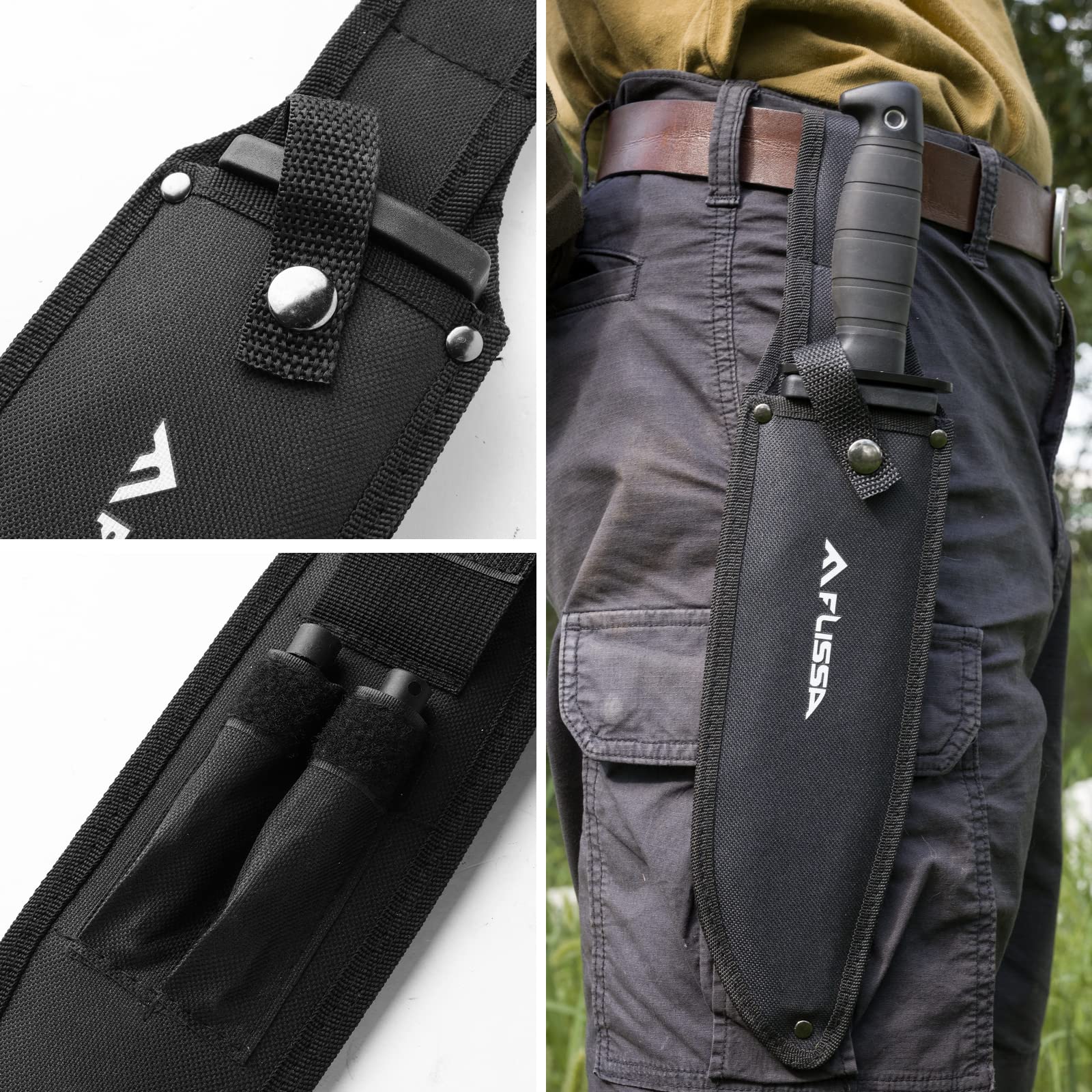 FLISSA survival knife in camping setup showing easy transport in belt sheath