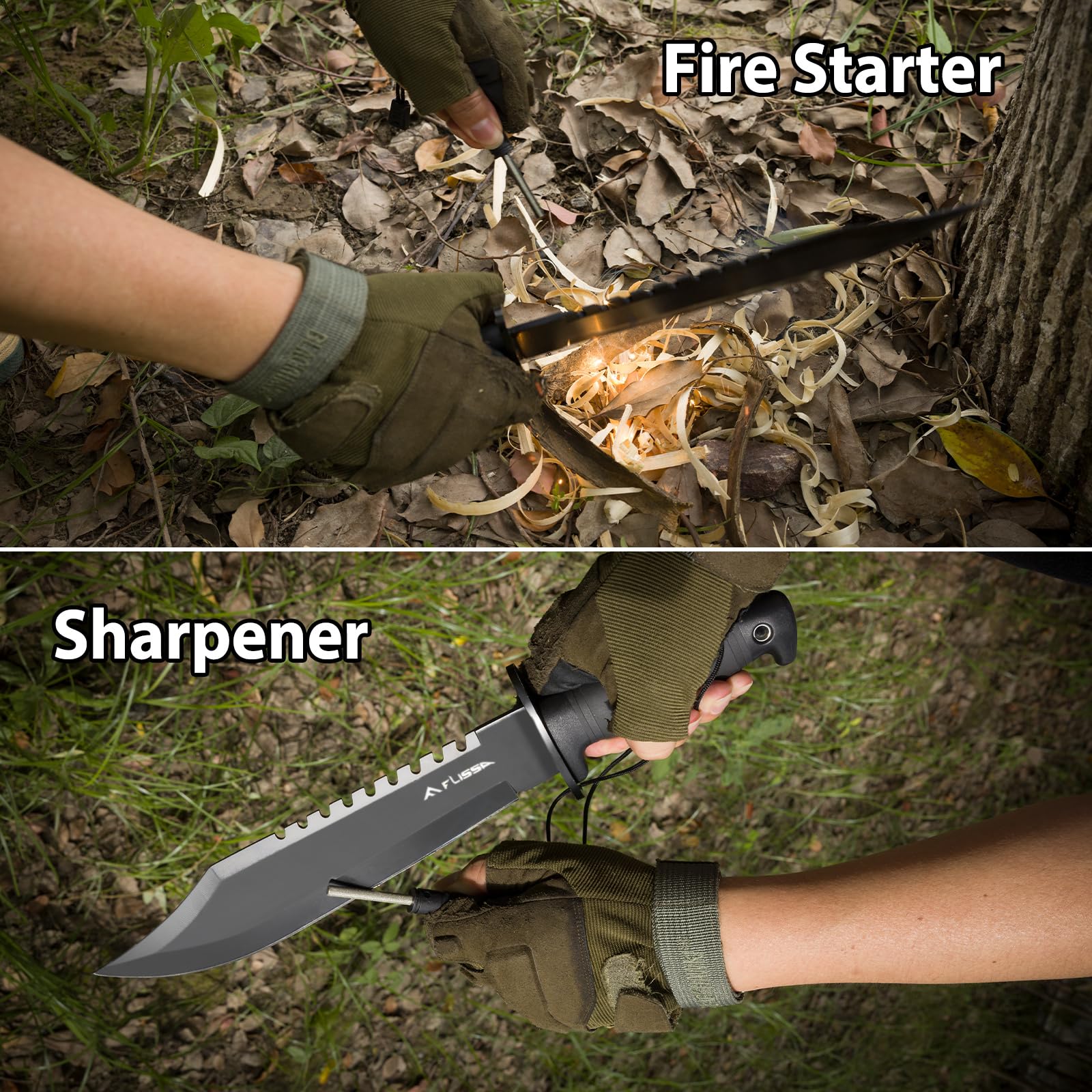 FLISSA survival knife clip-point blade offering precise cuts and edge retention