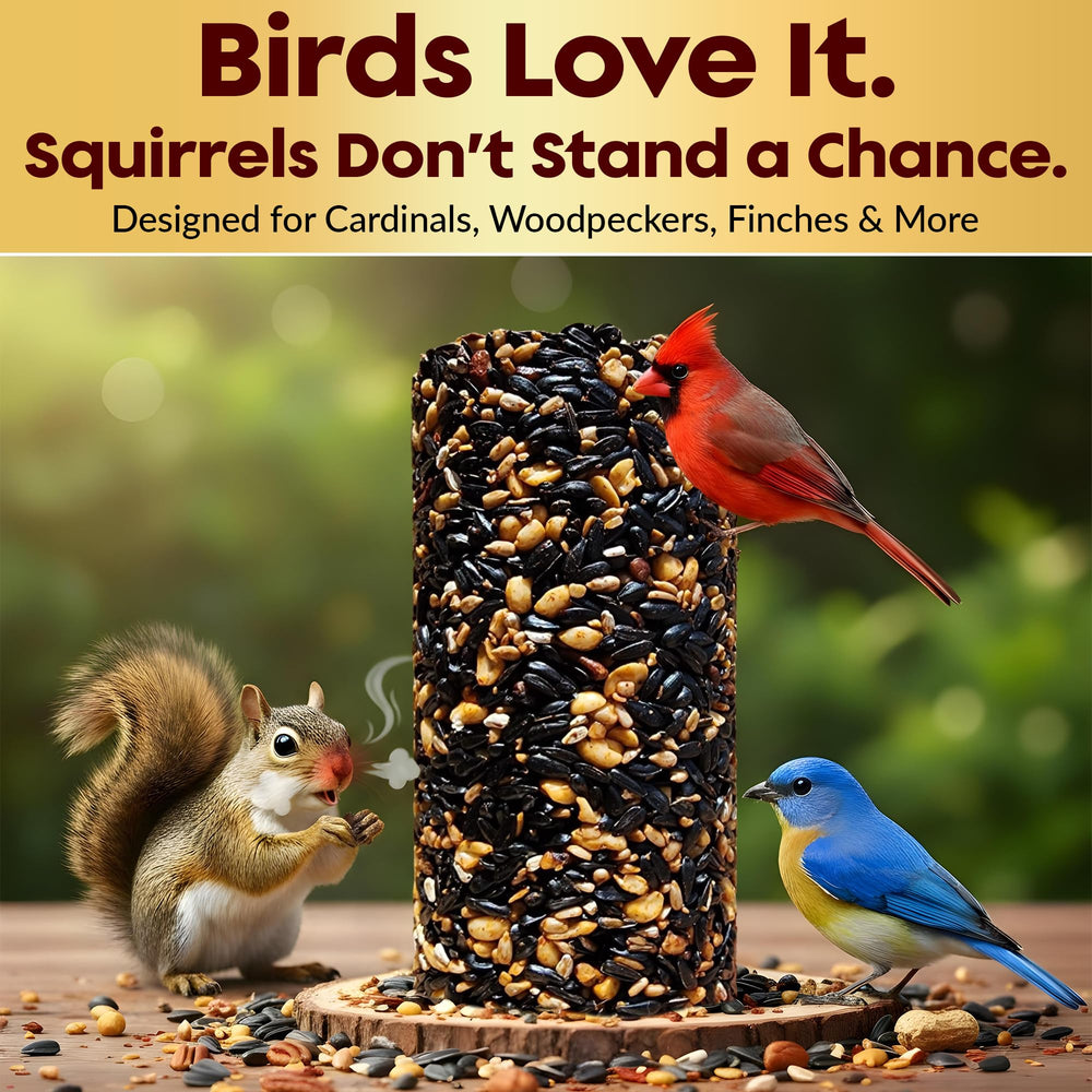 Flockin hot pepper bird seed cylinder attracts cardinals, finches and woodpeckers.