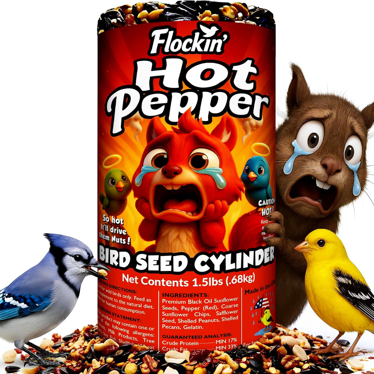 Flockin hot pepper bird seed cylinder with hole attracts backyard birds and reduces squirrel visits.