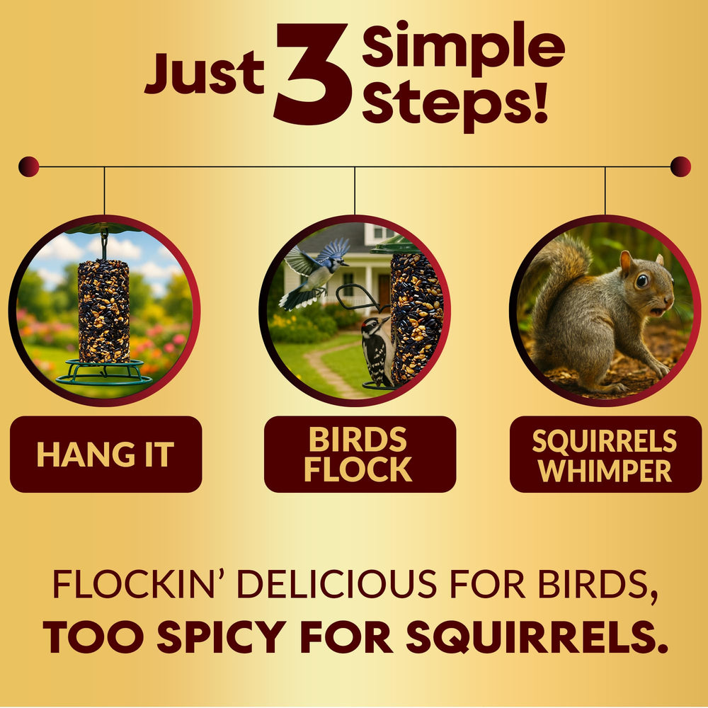 Flockin hot pepper bird seed cylinder packaging ships ready to use.