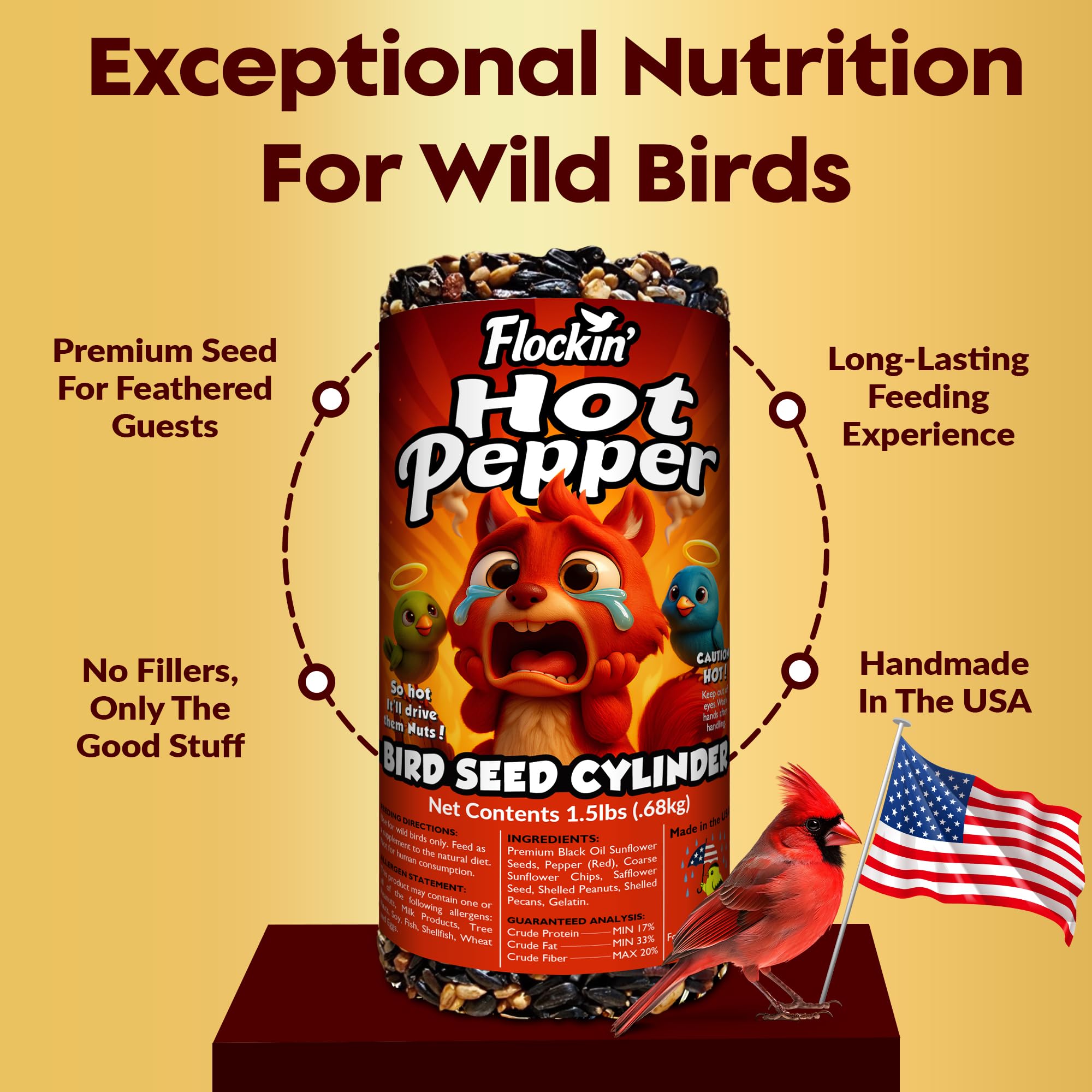 Flockin hot pepper bird seed cylinder deters squirrels without harming birds.