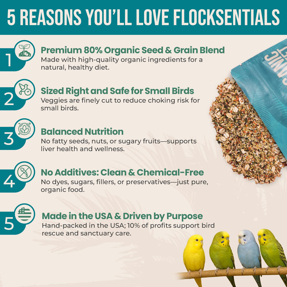 Flocksentials parakeet meal in bowl, balanced daily nutrition.