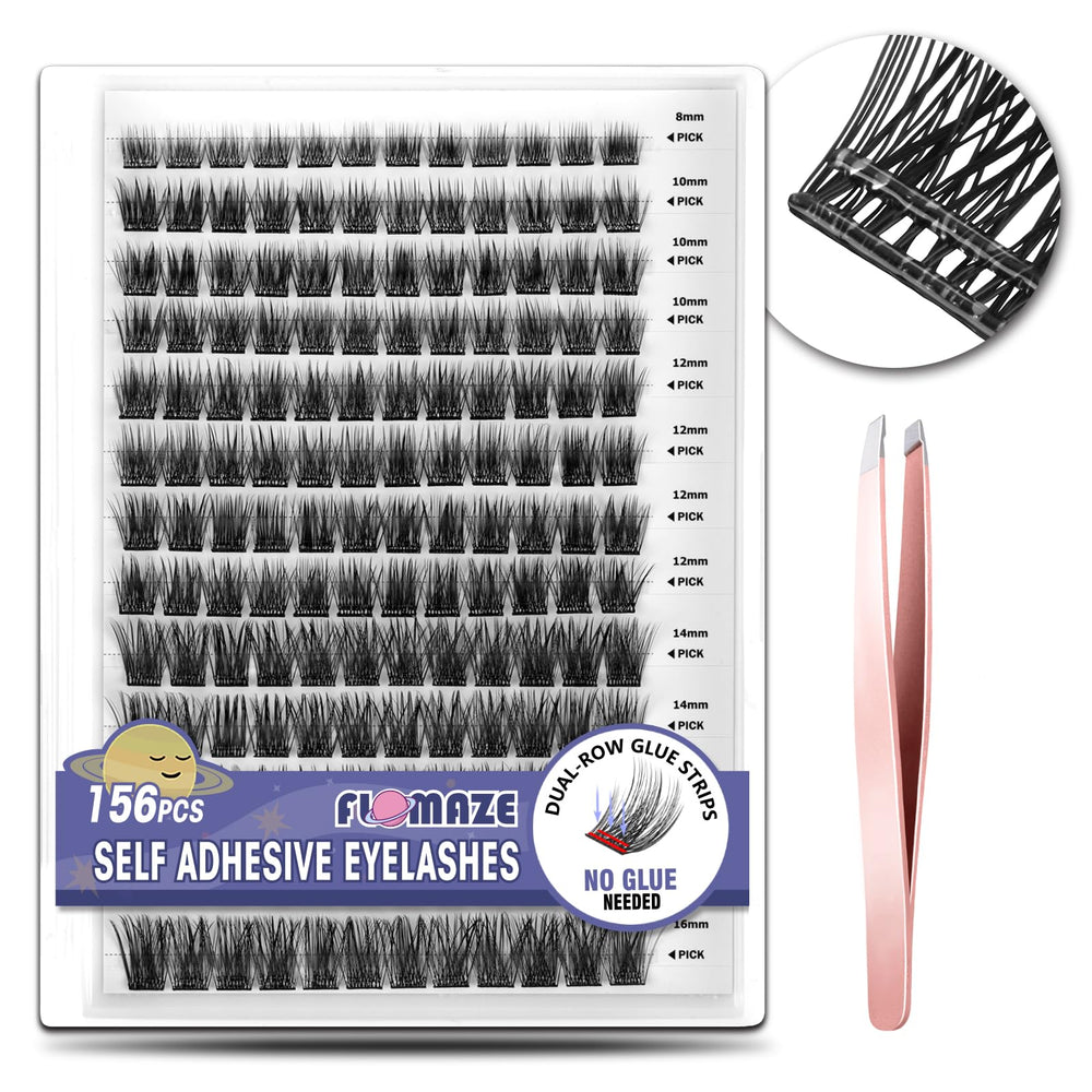 FLOMAZE self-adhesive eyelashes box showing 156 clusters for versatile eye looks.