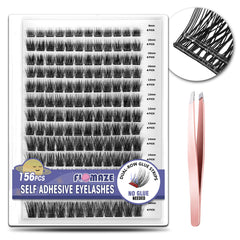 FLOMAZE self-adhesive eyelashes box showing 156 clusters for versatile eye looks.