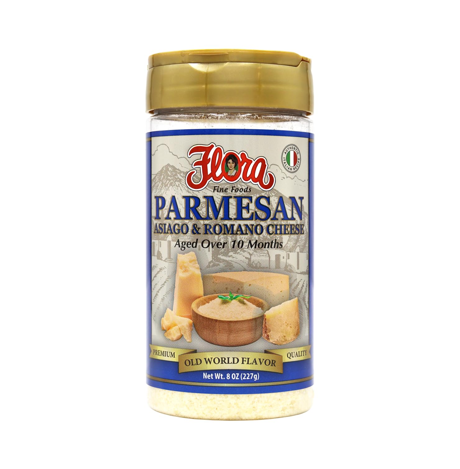 Flora 3 Cheese Shaker bottle showing Parmesan Asiago Romano blend for easy flavor.