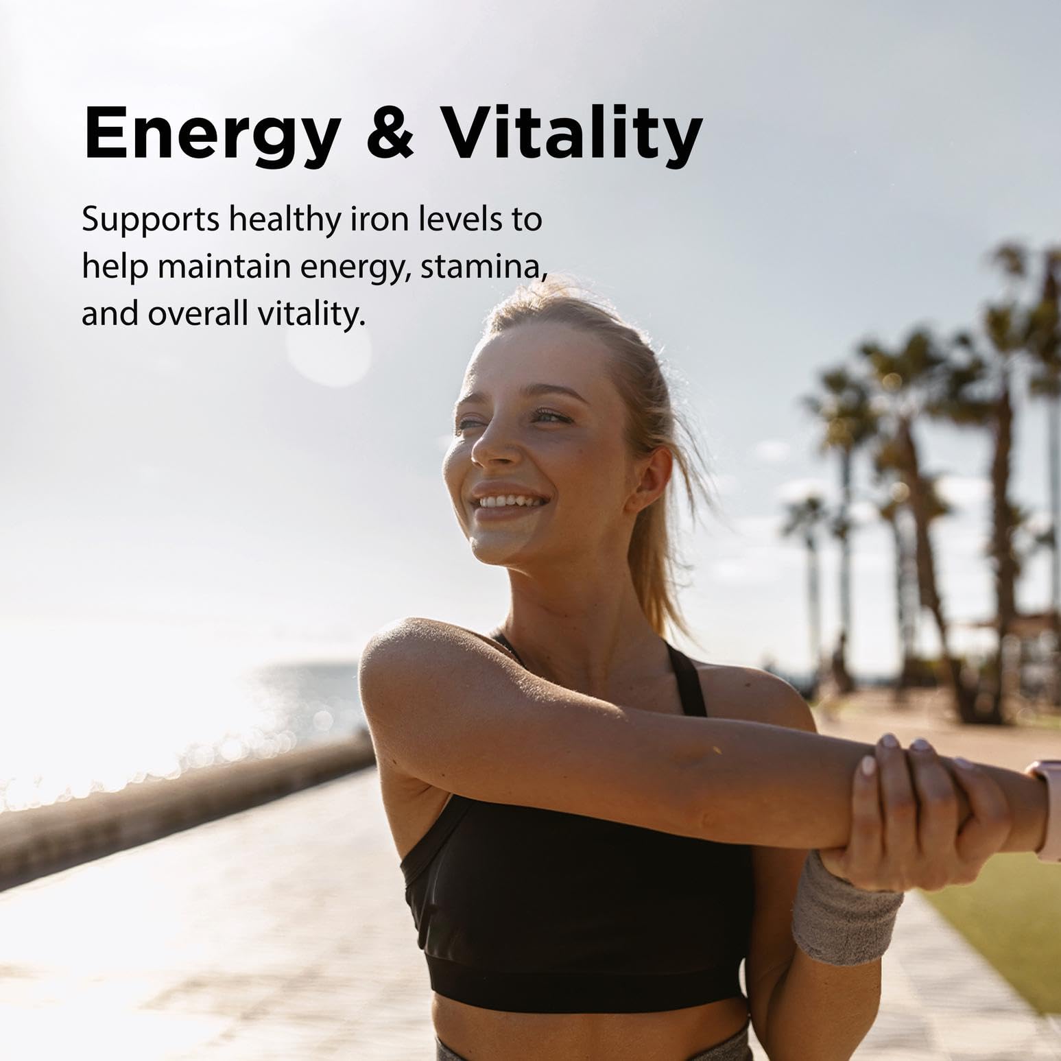 Label details Flora Ferritin+ as a plant-based iron with blood support focus.