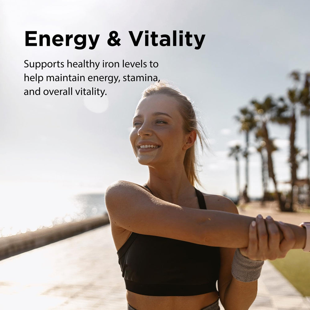 Label details Flora Ferritin+ as a plant-based iron with blood support focus.