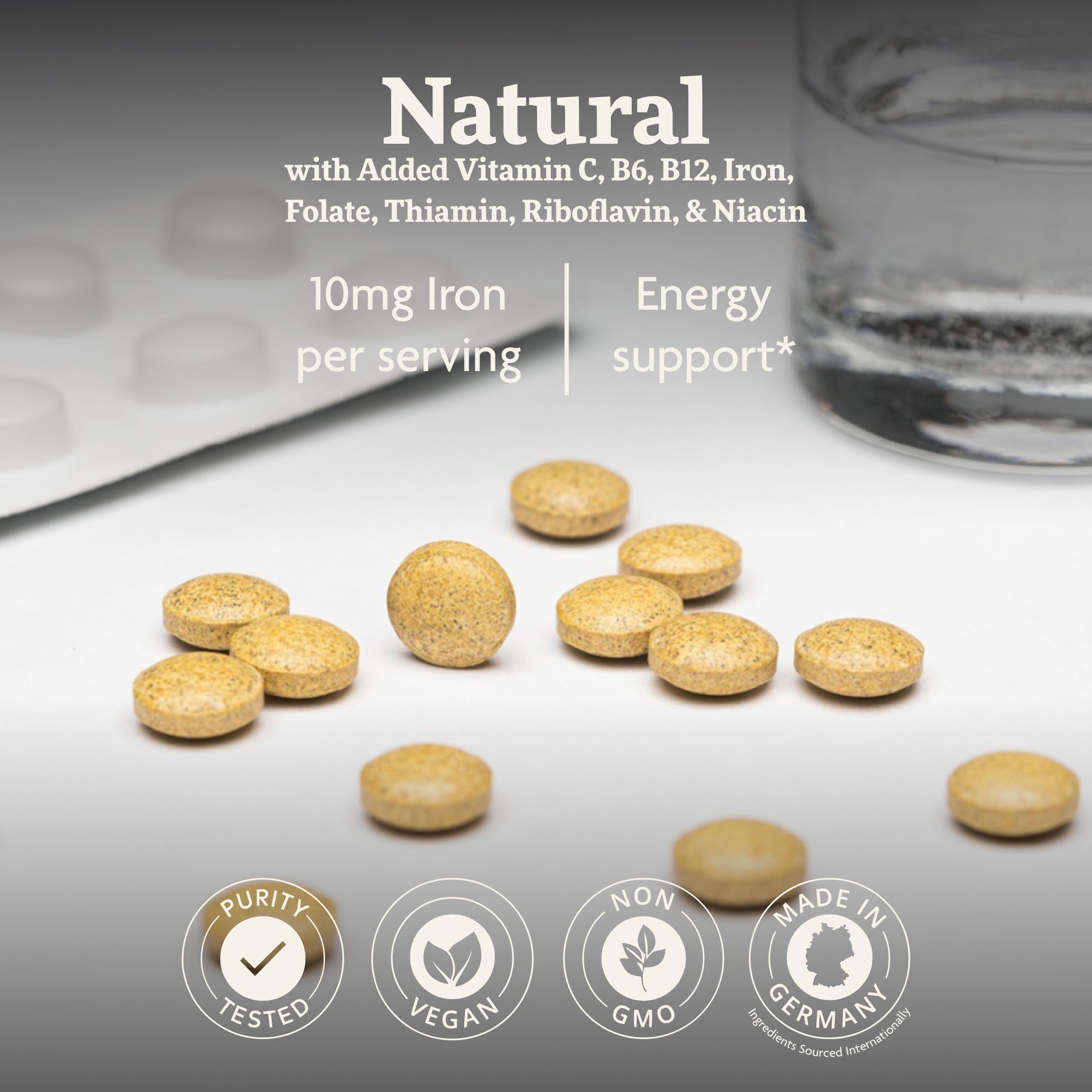 Floradix bottle label shows B vitamins and vitamin C for daily energy support