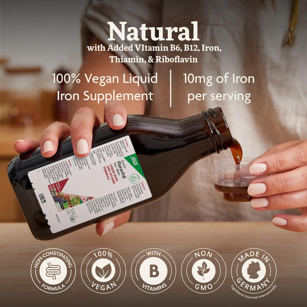 Pouring Floravital into a glass highlights convenient daily use.