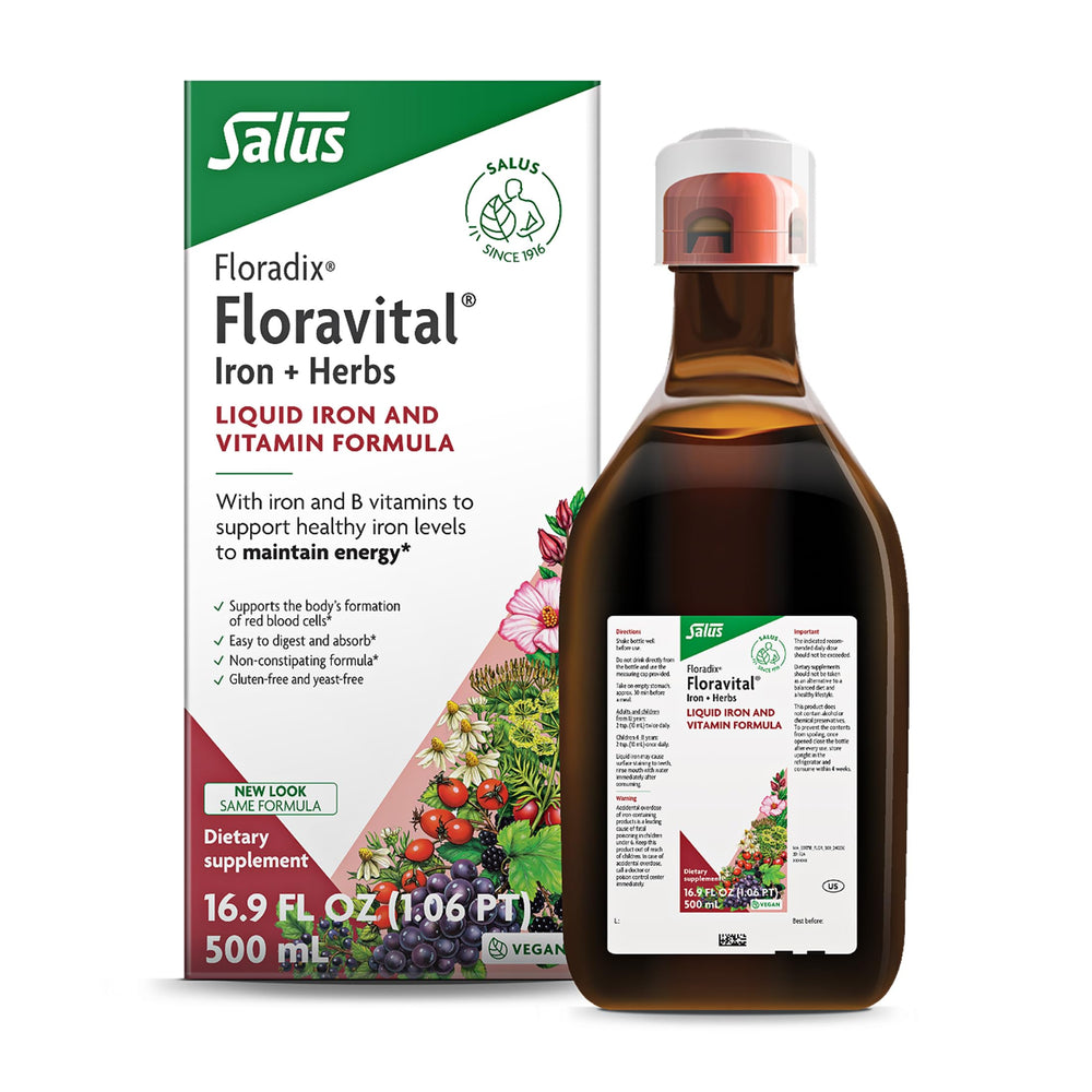 Floradix Floravital liquid iron bottle on a kitchen counter for daily energy support.